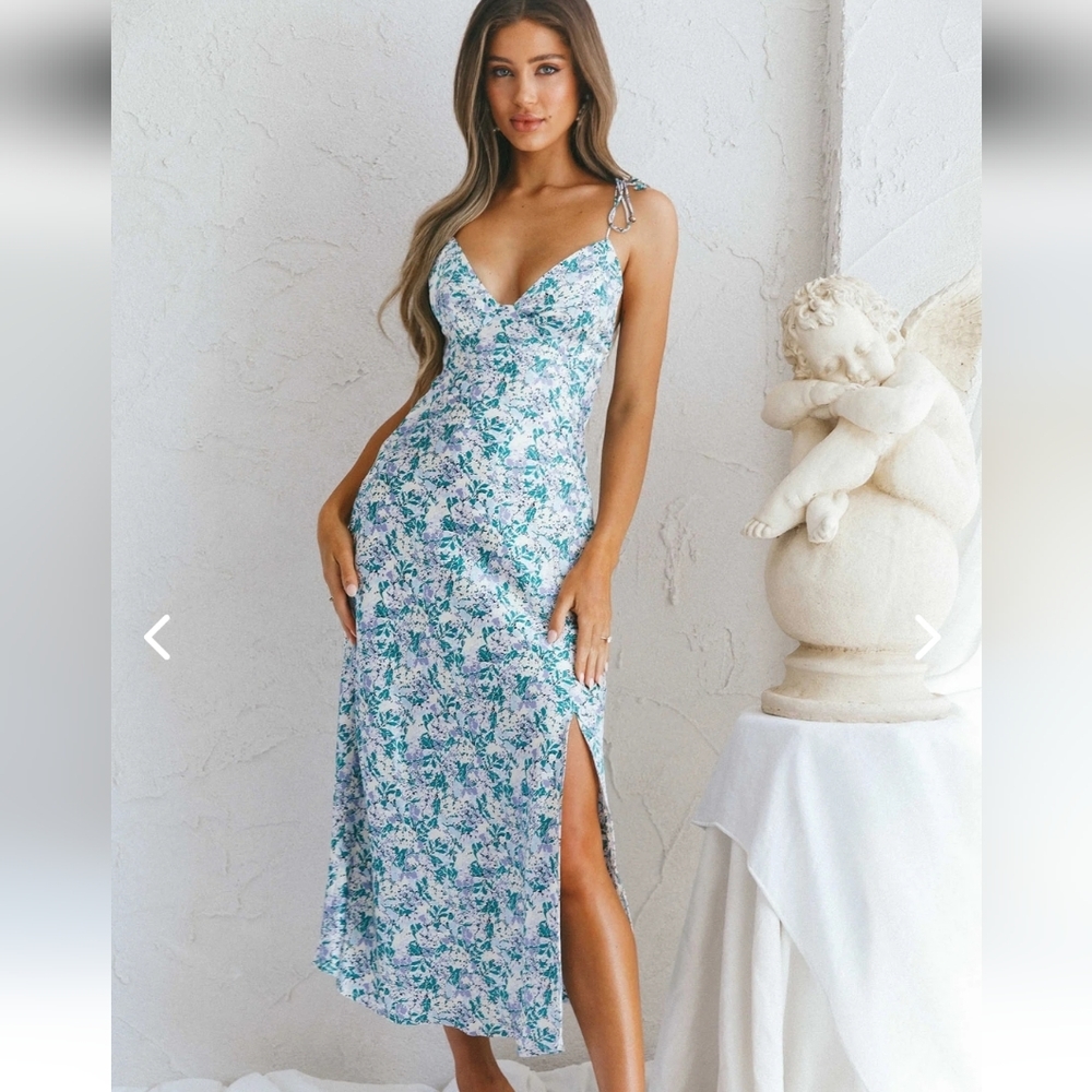LET THE SUNSHINE IN GREEN & PURPLE SPAGHETTI STRAP MEDI WITH SKIRT SLIT - M